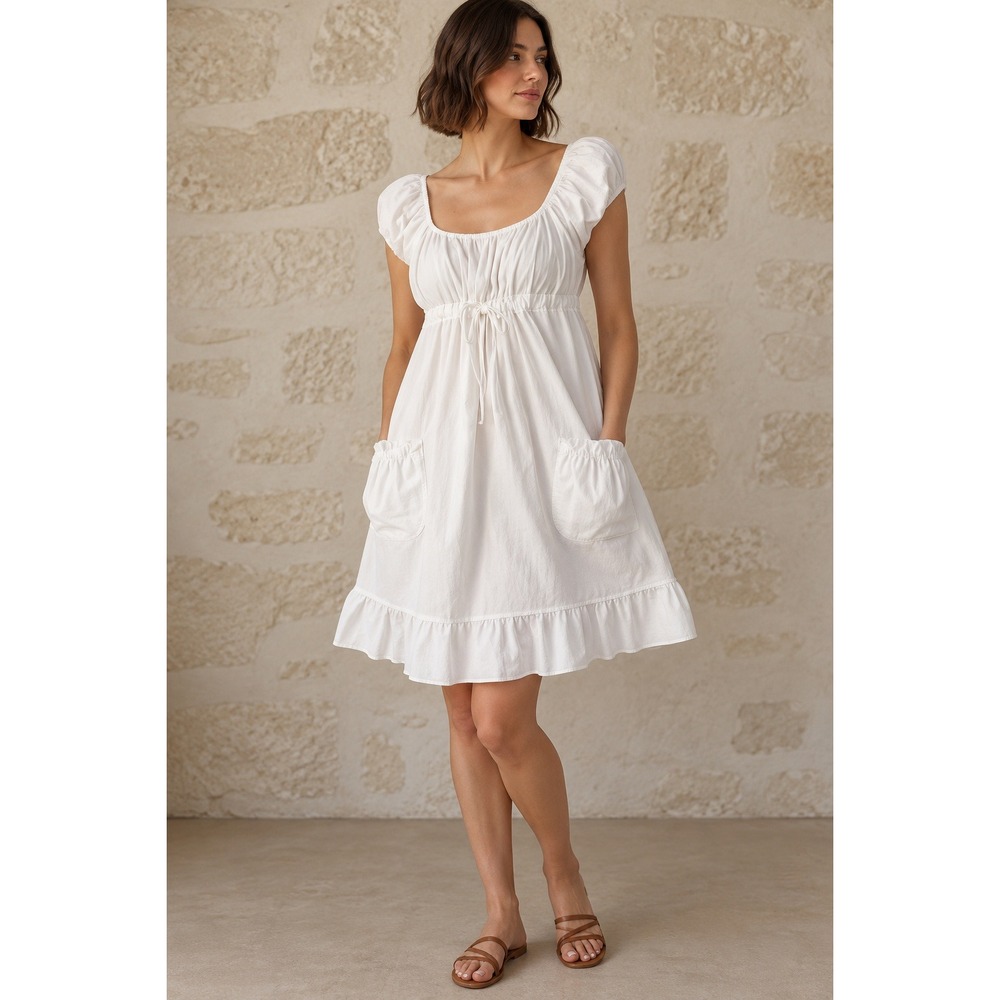N Willow White 100% Linen Milkmaid Mini Dress Smocked Drawstring Pockets Sz S/M